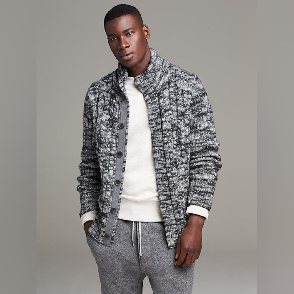 Banana Republic Men's Cardigan Heavyweight Wool Cotton Marble Grey Size M